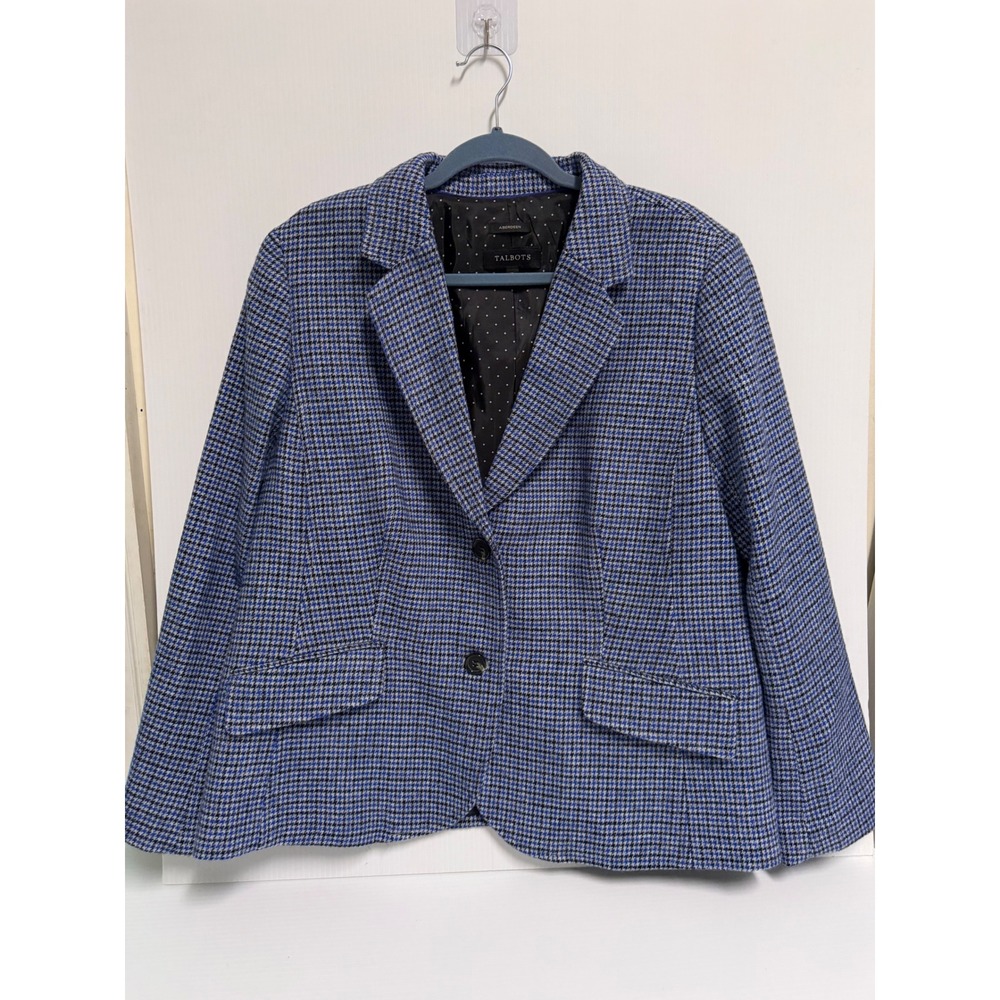 Talbots Aberdeen Blazer Blue Black Houndstooth Polka Dot Lining Wool Blend 16